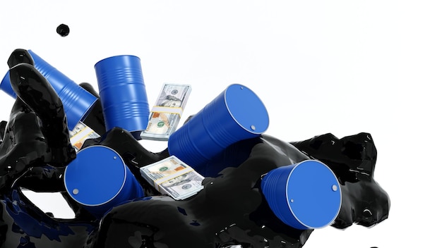 Crude oil splashing with barrels and dollar banknote money oil market business petroleum oil industry 3D rendering