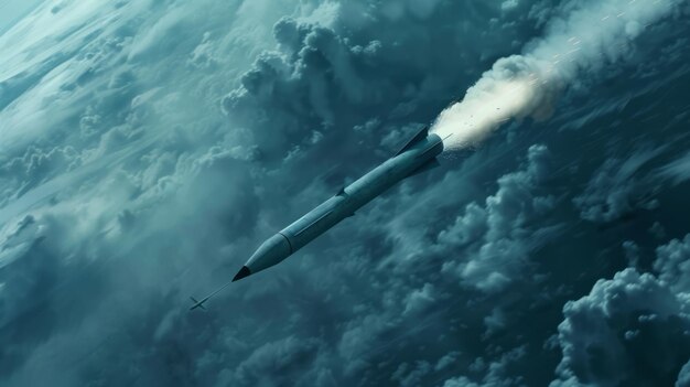 Cruise missile soaring through cloudy skies in dramatic scene