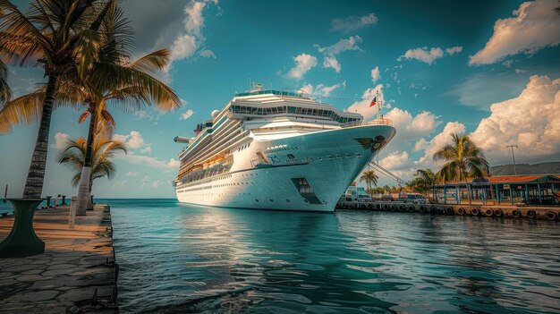 Cruise ship docked at tropical port