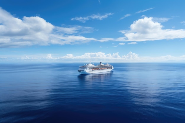 A cruise ship gracefully sails through the expansive ocean amidst a peaceful and serene atmosphere An empty cruise ship sailing in the middle of the ocean AI Generated