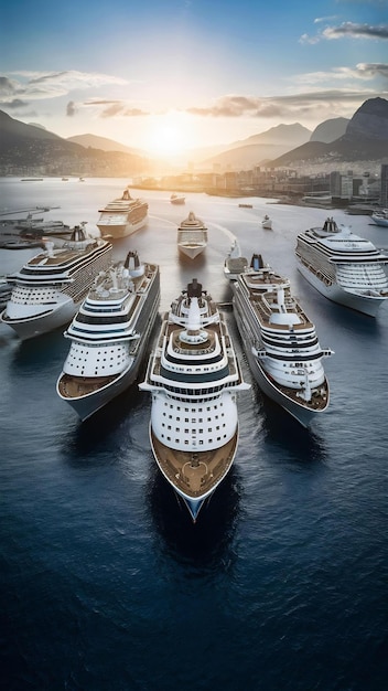 Cruise ship at harbor aerial view of beautiful large ships and boats at sunrise