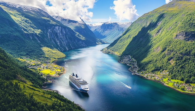 Photo a cruise ship is docked at a fjord surrounded by mountains