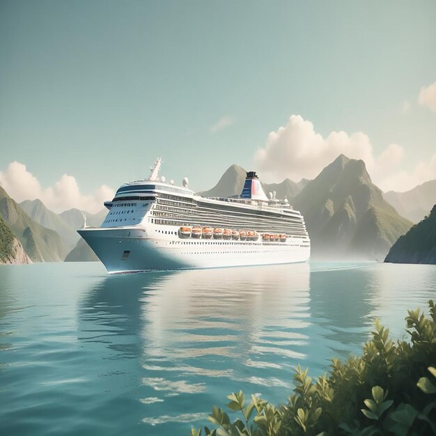 a cruise ship is docked in a lake with mountains in the background