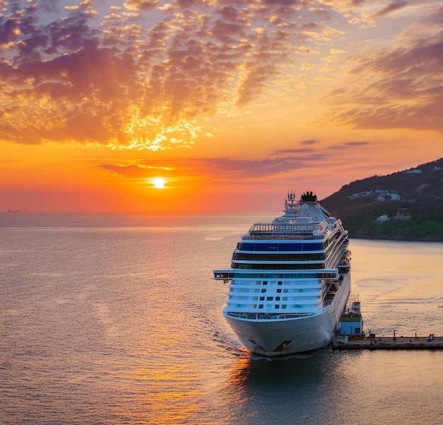 a cruise ship is docked at a pier with the sun setting behind it