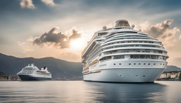 a cruise ship is docked at sunset