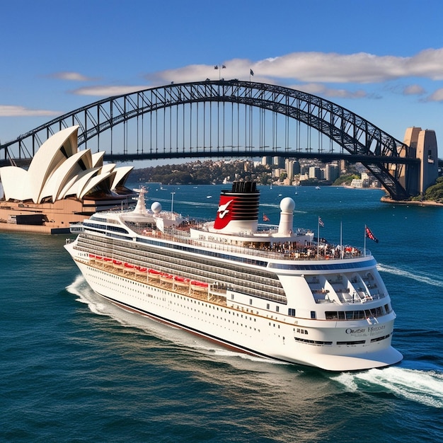 a cruise ship is sailing in front of a bridge and the sydney harbour bridge