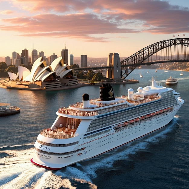 a cruise ship is sailing in front of a bridge and the sydney harbour bridge