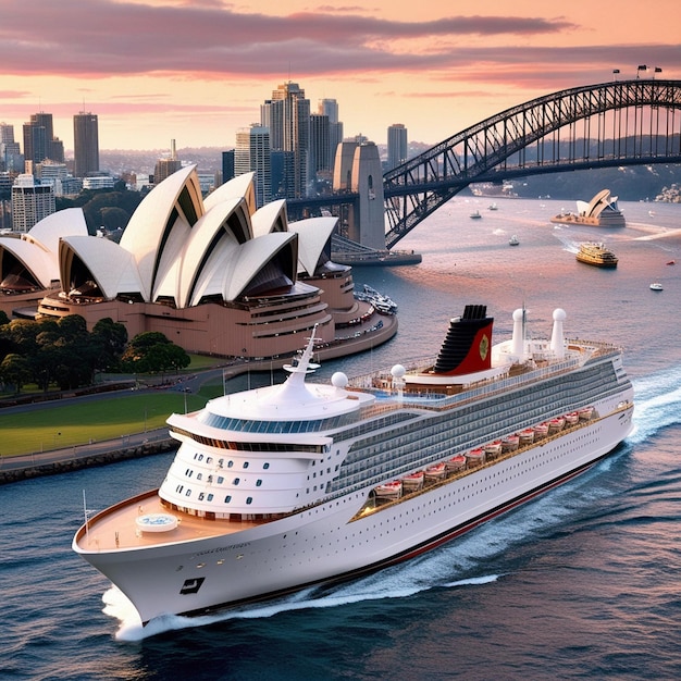 a cruise ship is sailing in front of a bridge and the sydney harbour bridge