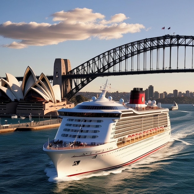 a cruise ship is sailing in front of the sydney harbour bridge