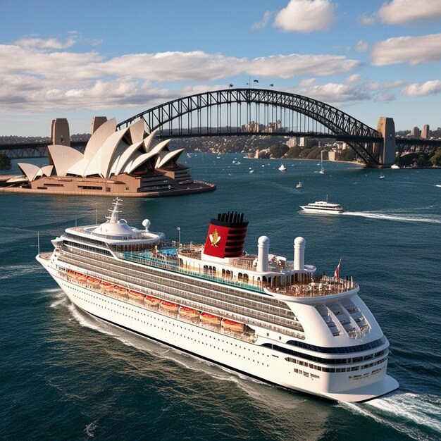 a cruise ship is sailing in front of the sydney harbour bridge