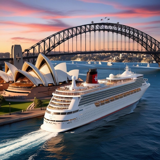 a cruise ship is sailing past a bridge with the sydney harbour bridge in the background