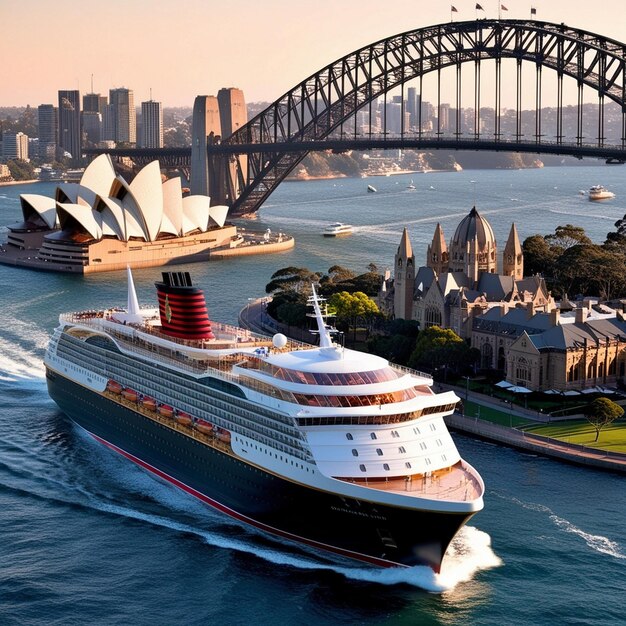 a cruise ship is sailing in the water with the bridge in the background