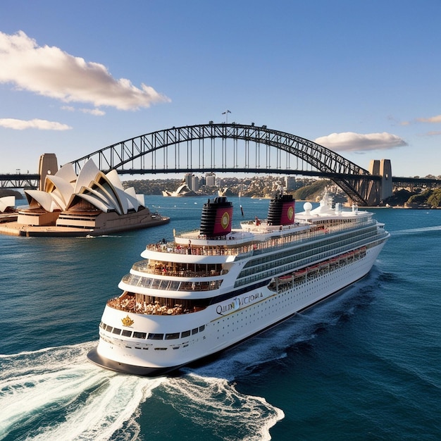 a cruise ship is sailing in the water with the bridge in the background