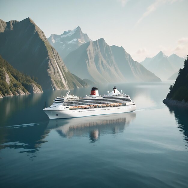 a cruise ship is sailing in the water with mountains in the background