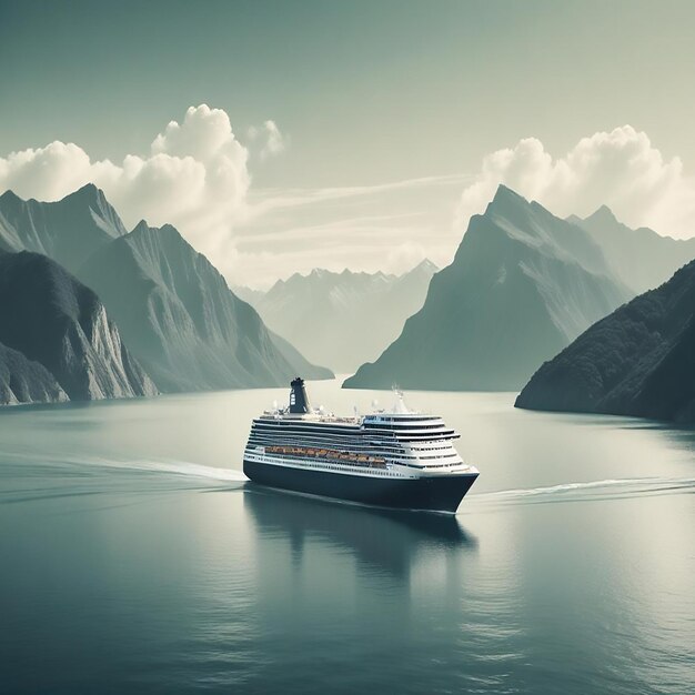 a cruise ship is sailing in the water with mountains in the background