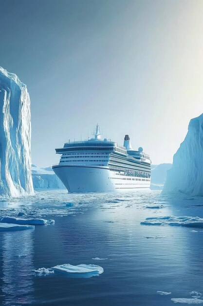 Photo cruise ship navigating through icebergs in arctic waters