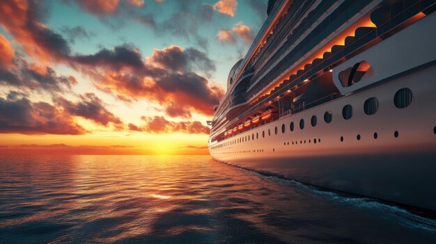 A cruise ship sailing into a vibrant sunset over calm waters