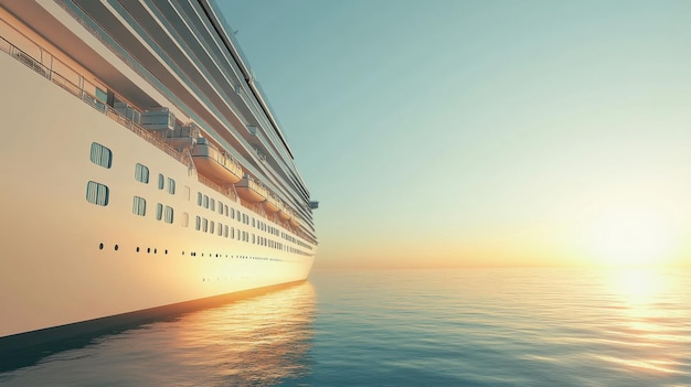 A cruise ship sailing at sunset over calm waters