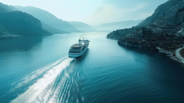 Photo cruise ship sailing through fjord