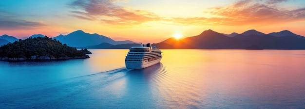 Photo cruise ship sailing through mountainous waters at sunset