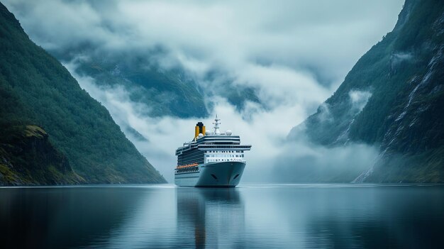 Photo a cruise ship sails through a misty fjord with towering mountains on either side