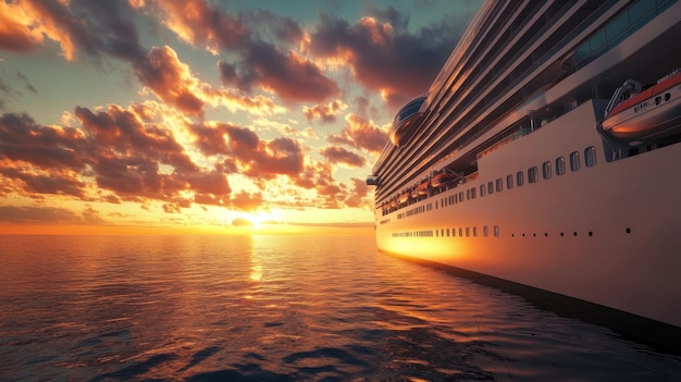 A cruise ship at sunset reflecting on calm waters