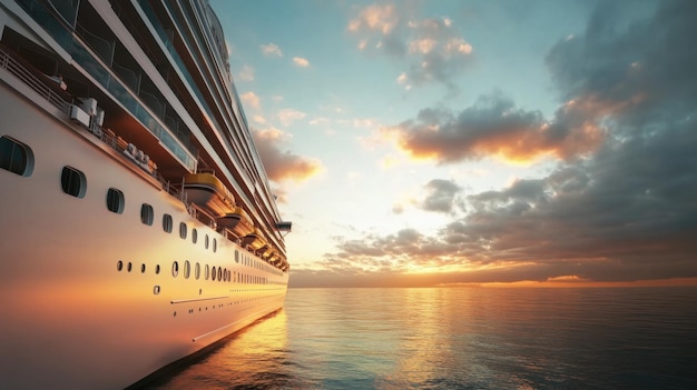 A cruise ship at sunset reflecting on calm waters