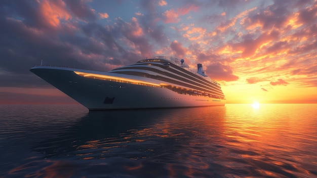 A cruise ship at sunset reflecting on calm waters