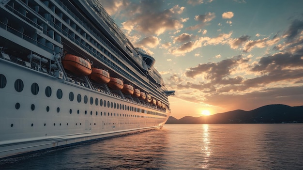 A cruise ship at sunset reflecting on calm waters