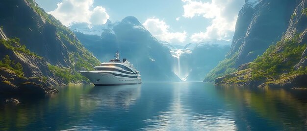 Photo a cruise ship in the water with mountains in the background