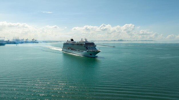 A cruise ship in the water with the word cruise on the front.