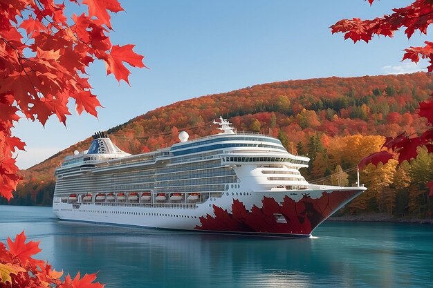 A cruise ship with a large red maple leaf on the side