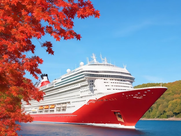 A cruise ship with a large red maple leaf on the side