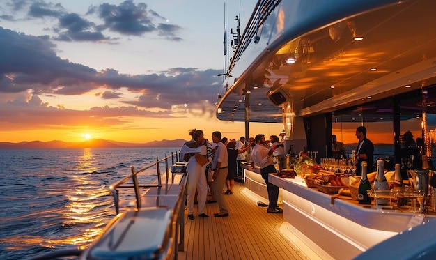 a cruise ship with people on the deck and a sunset in the background