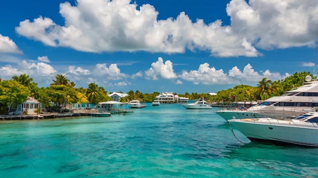 cruise touristic boats or yachts floating near island with houses and green trees on turquoise water and blue cloudy sky yachting and sport traveling and vacation Key West Florida USA