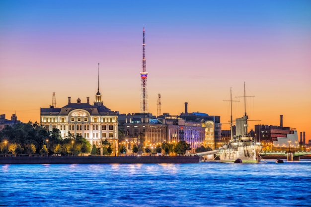 Cruiser Aurora in St. Petersburg at sunset