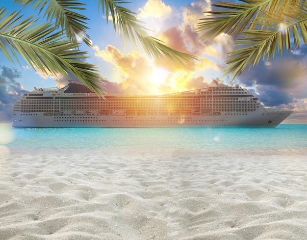 Cruiseship view from the beach with palm trees duwing sunrise