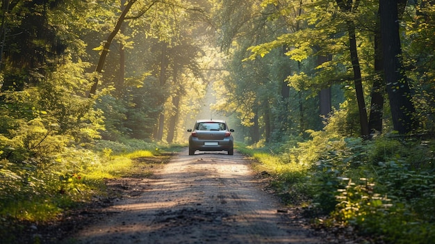 Cruising in an electric car along a country path framed by trees in full lush foliage