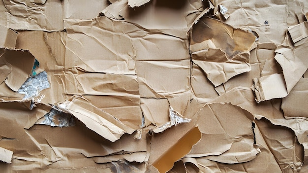 Crumbled cardboard paper stacked haphazardly on a flat surface in a cluttered workspace