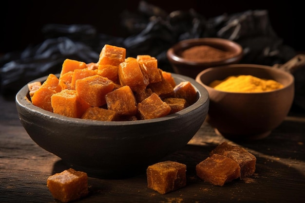 Photo crumbled jaggery with a rustic look yummy delicious jaggery food image photography