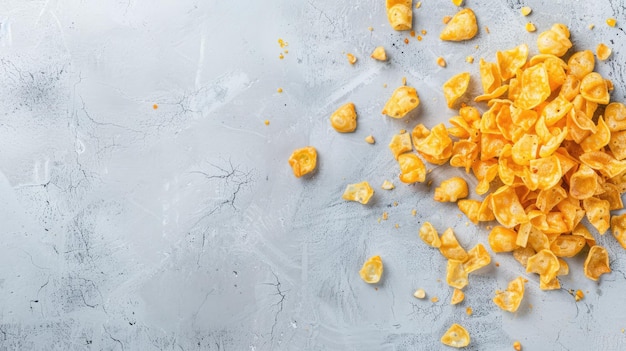 Crumbled yellow chips scattered on gray surface