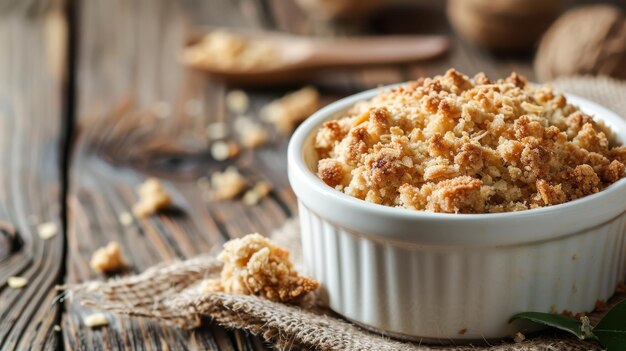 Photo crumbly crumble topping in a white bowl