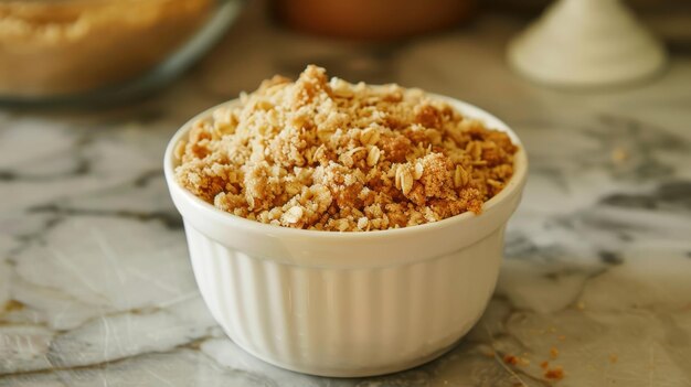 Photo crumbly crumble topping in a white bowl