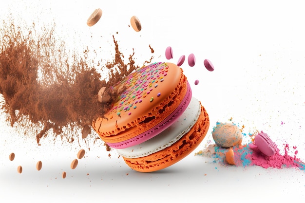 Crumbs from a macaron sweet bakery fall on a white background