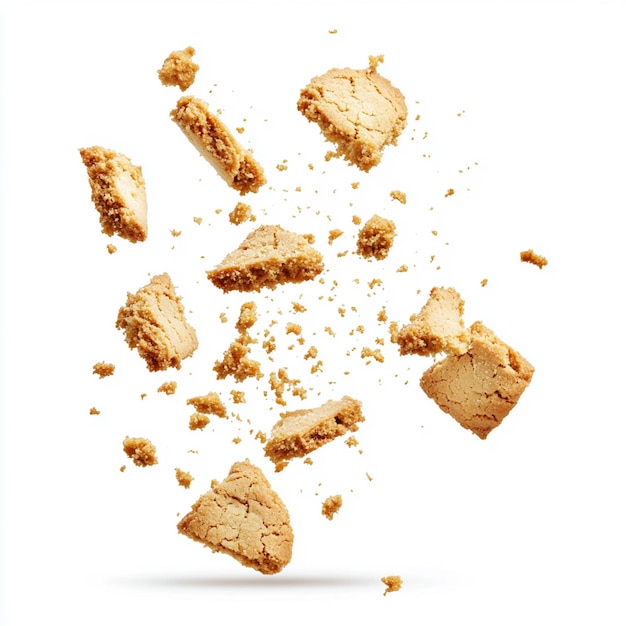 Photo crumbs integral wholewheat biscuit with oatmeal cookie flying isolated on white top view