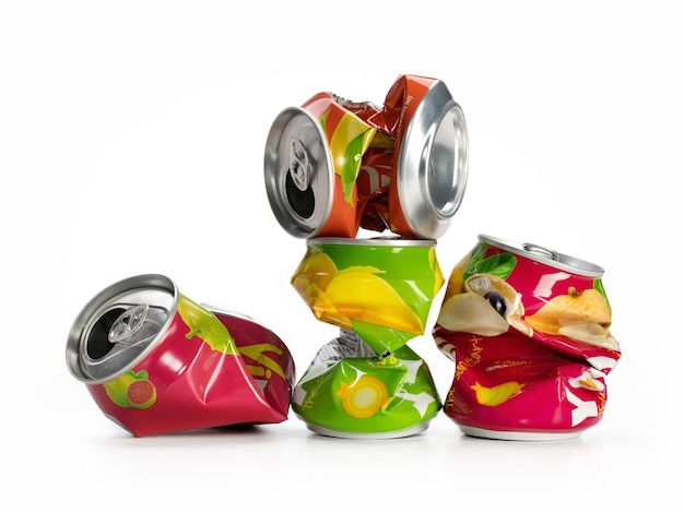 Crumpled bright aluminum soda cans on white studio shot Ecology the concept of recycling and envi