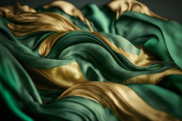 Crumpled fabric in green and gold. Watercolor waves with gold streaks. The gold and green waves shim