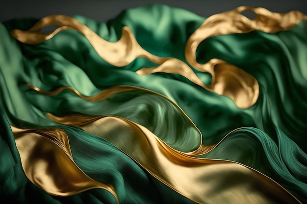 Crumpled fabric in green and gold. Watercolor waves with gold streaks. The gold and green waves shim