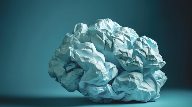 Crumpled paper ball on a blue background generative ai