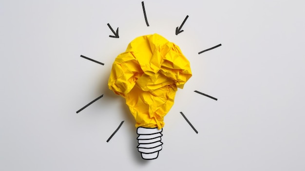 A crumpled piece of yellow paper forms the shape of a lightbulb against a white background symbolizing a bright idea or creative concept